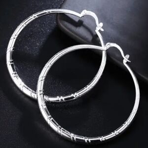 NEW 925 Silver Plated Zinc Alloy 2 1/2" BOHO Engraved Hoop Earrings